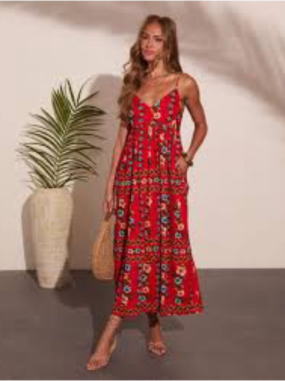 I.N. San Francisco Red Floral Maxi Dress with Crochet Waist